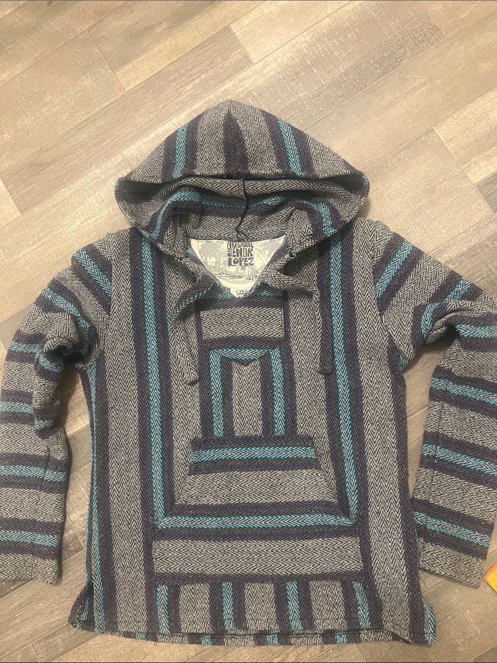 Striped Hooded Baja Pullover Hoodie in Gray and Teal